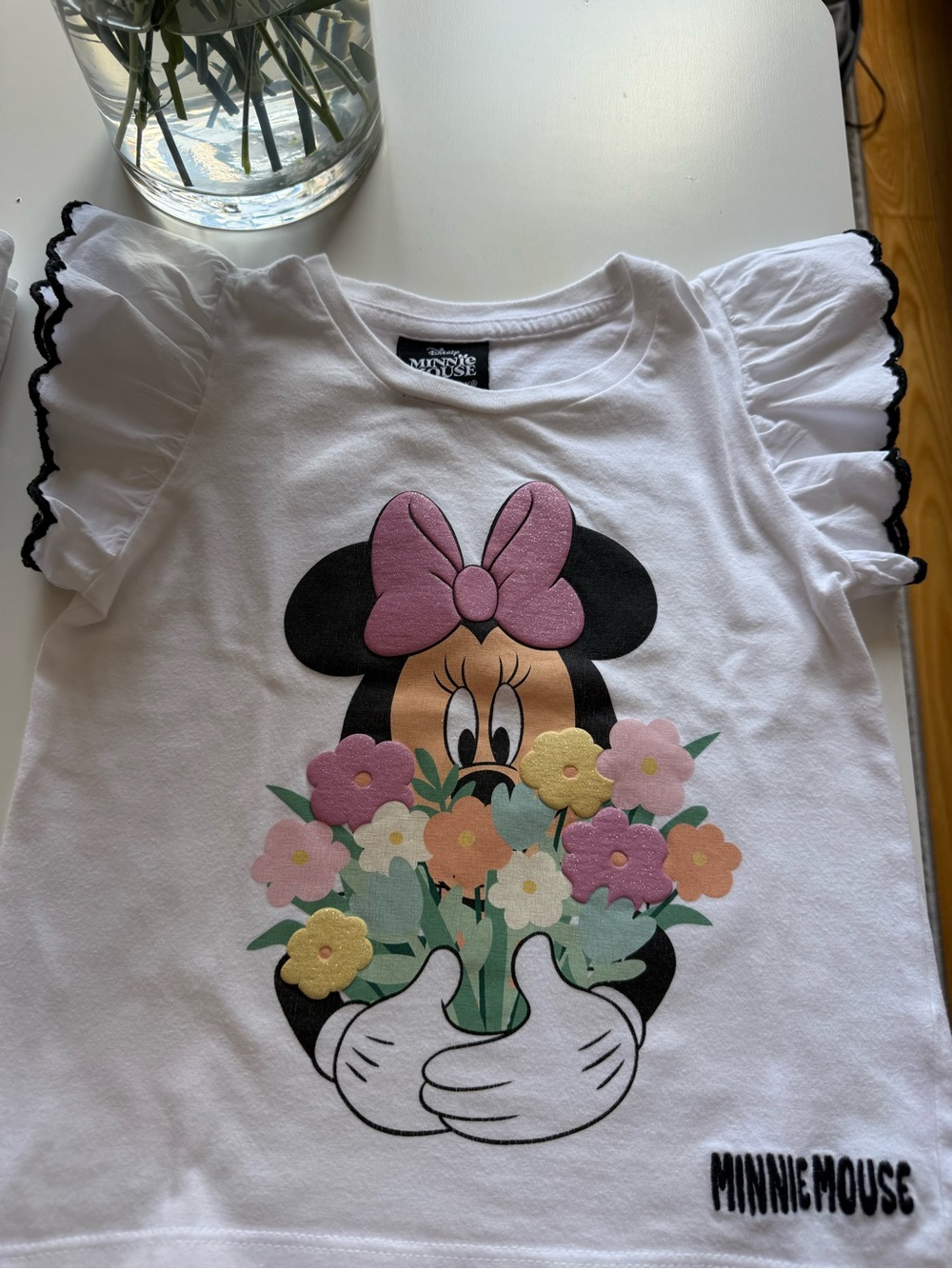 Disney White Minnie Mouse T-Shirt with Pink Bow & Multicolor Flowers